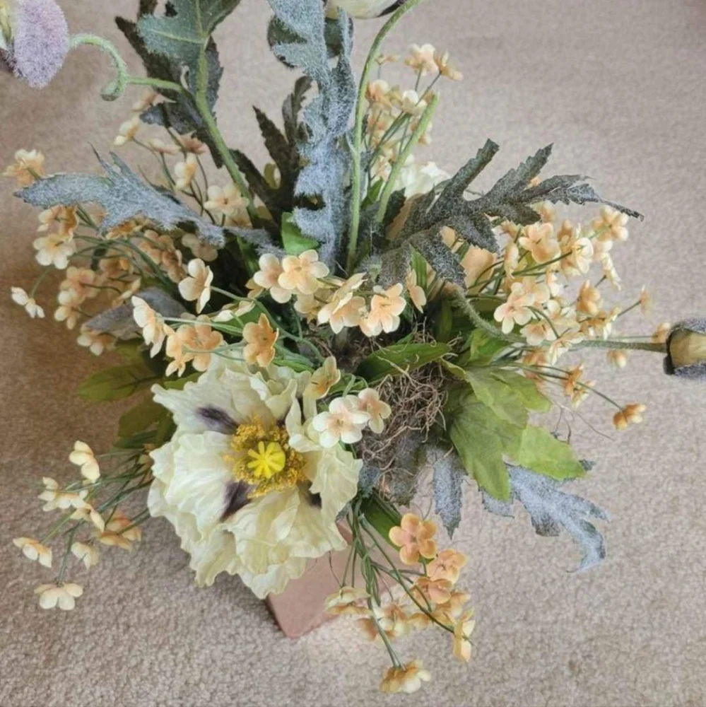 faux flower baquet with rose gold vase - Iceland poppy, primula - artificial flo